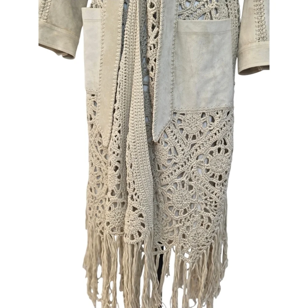 Jonathan Simkhai Yani Combo crochet and suede trench coat With Fringes, Beige M - Picture 13 of 16